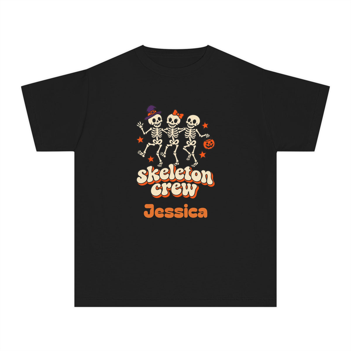 Custom Name Kids Skeleton Crew Shirt, Retro Dancing Skeletons, Youth Halloween Tee