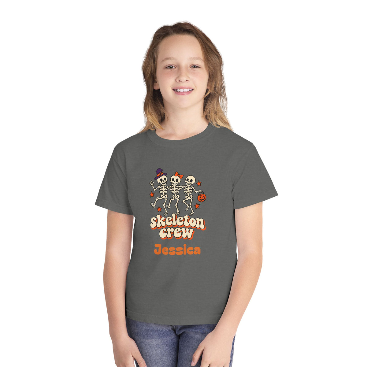 Custom Name Kids Skeleton Crew Shirt, Retro Dancing Skeletons, Youth Halloween Tee