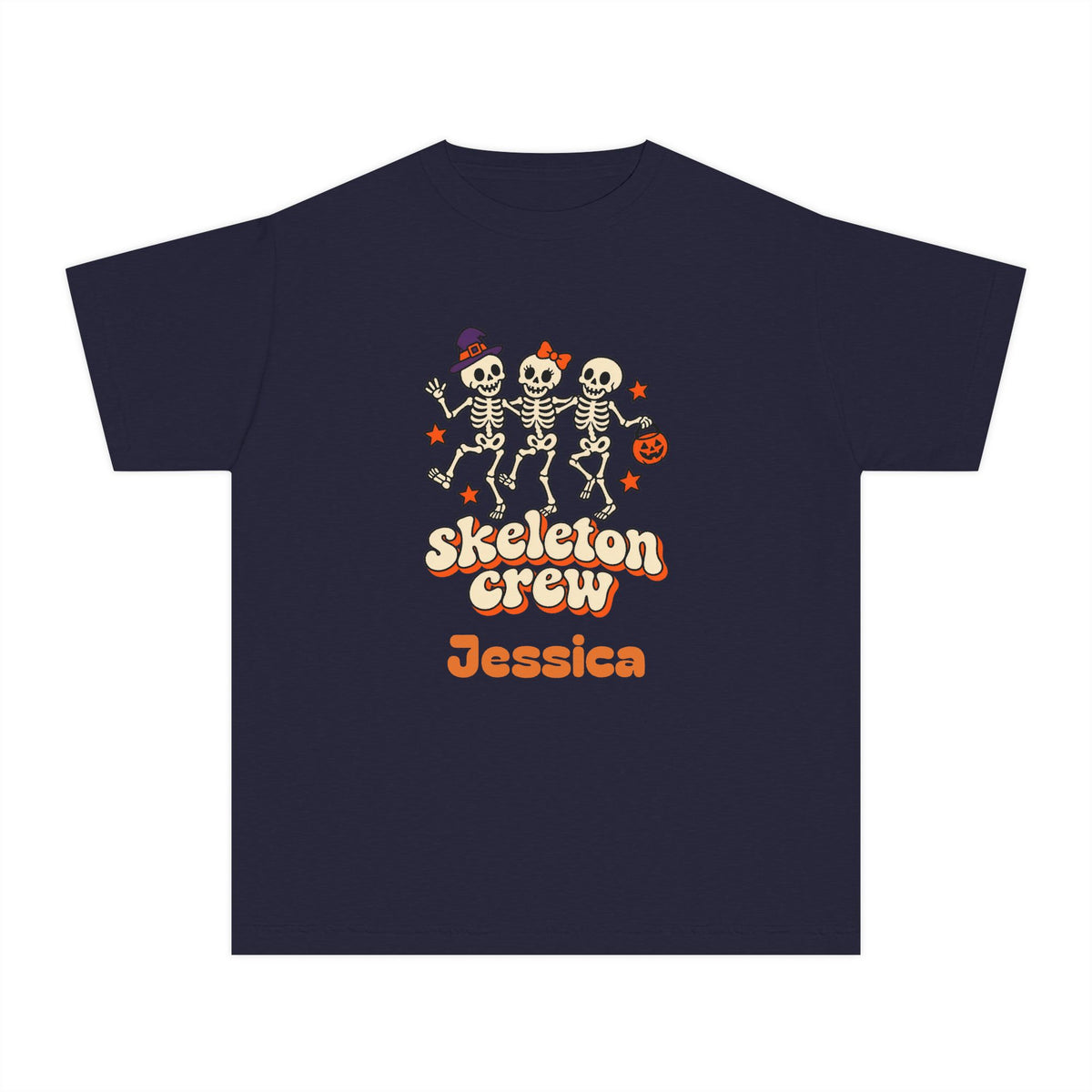 Custom Name Kids Skeleton Crew Shirt, Retro Dancing Skeletons, Youth Halloween Tee