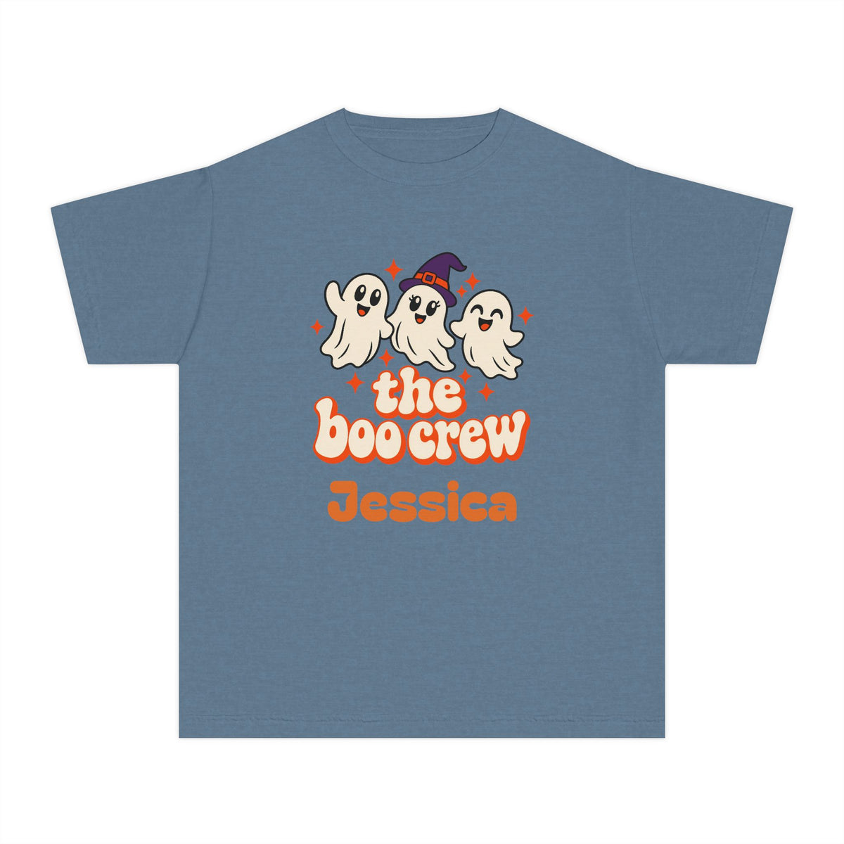 Kids Boo Crew Shirt, Custom Name Youth Halloween Tee, Retro Ghosts, Comfort Colors