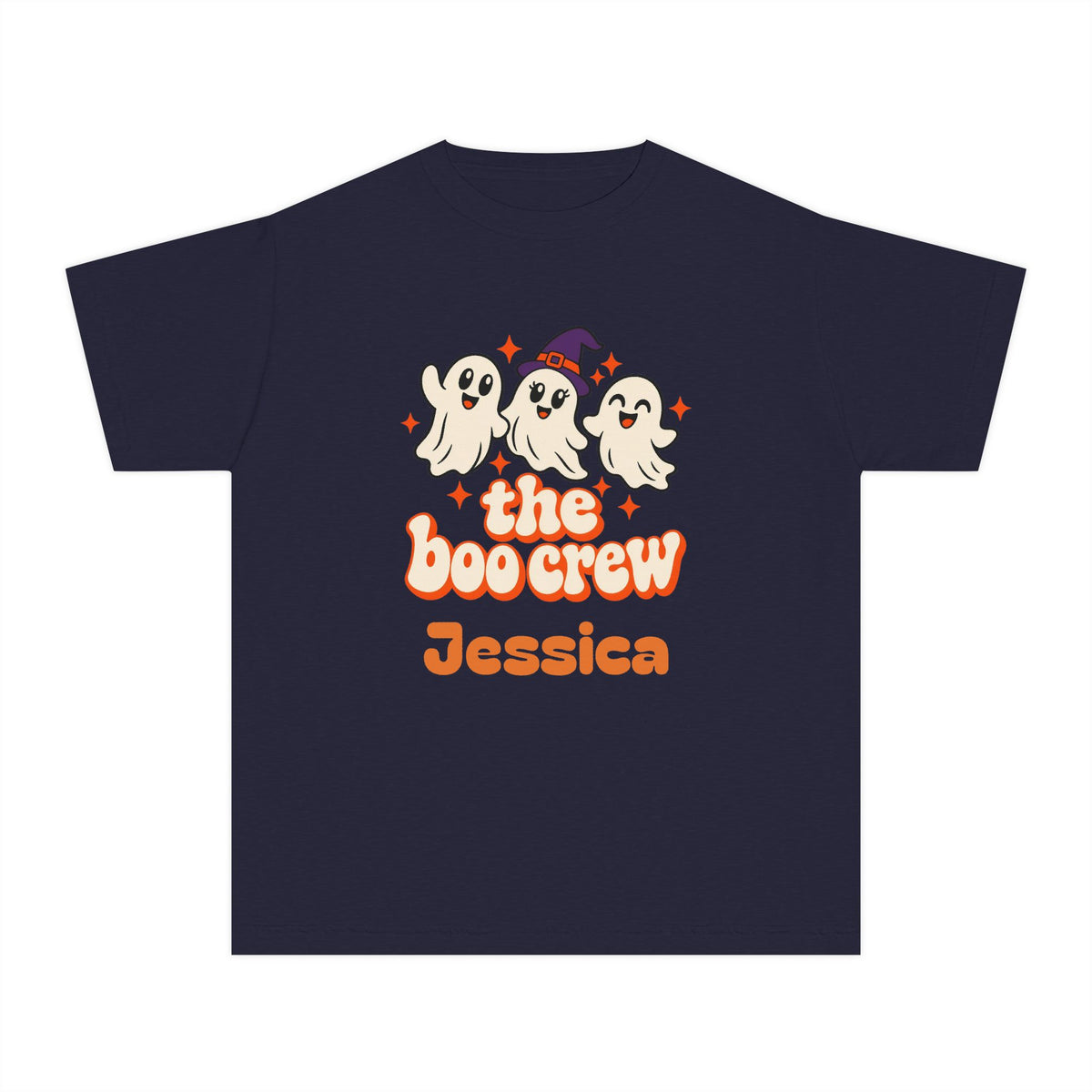 Kids Boo Crew Shirt, Custom Name Youth Halloween Tee, Retro Ghosts, Comfort Colors