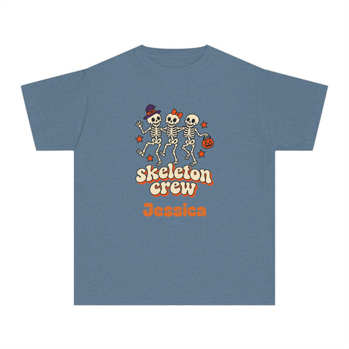 Custom Name Kids Skeleton Crew Shirt, Retro Dancing Skeletons, Youth Halloween Tee