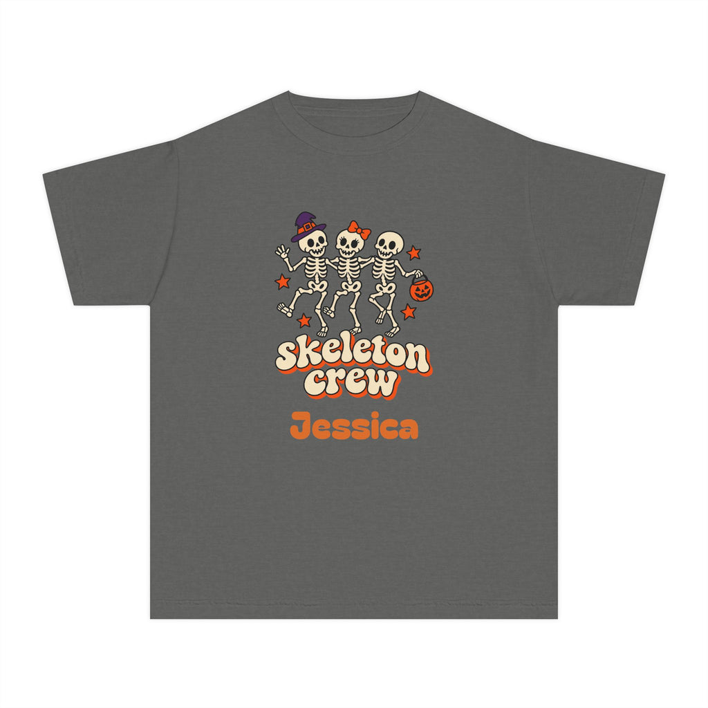 Custom Name Kids Skeleton Crew Shirt, Retro Dancing Skeletons, Youth Halloween Tee