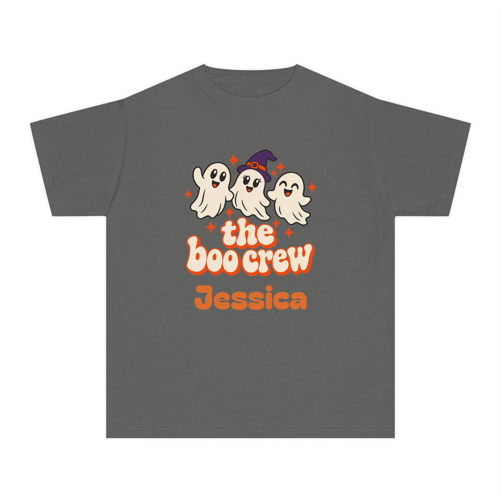 Kids Boo Crew Shirt, Custom Name Youth Halloween Tee, Retro Ghosts, Comfort Colors