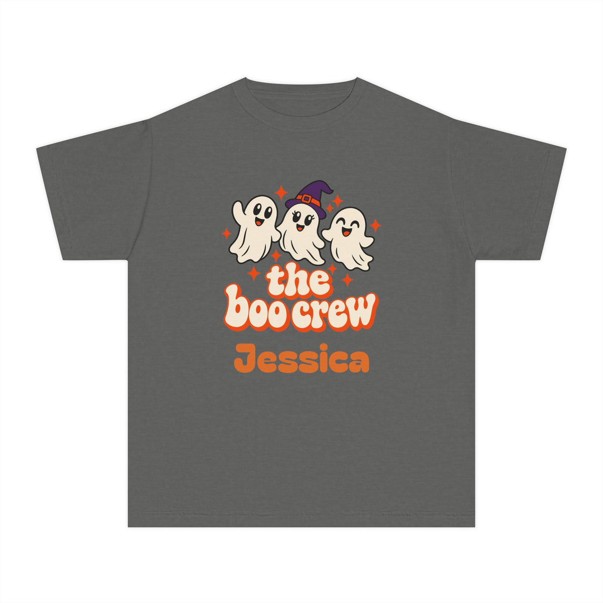 Kids Boo Crew Shirt, Custom Name Youth Halloween Tee, Retro Ghosts, Comfort Colors