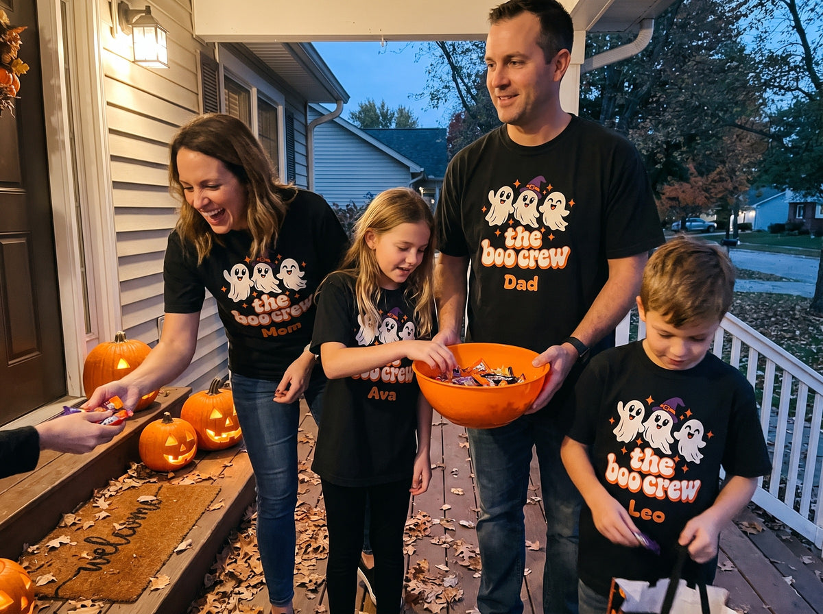 Kids Boo Crew Shirt, Custom Name Youth Halloween Tee, Retro Ghosts, Comfort Colors