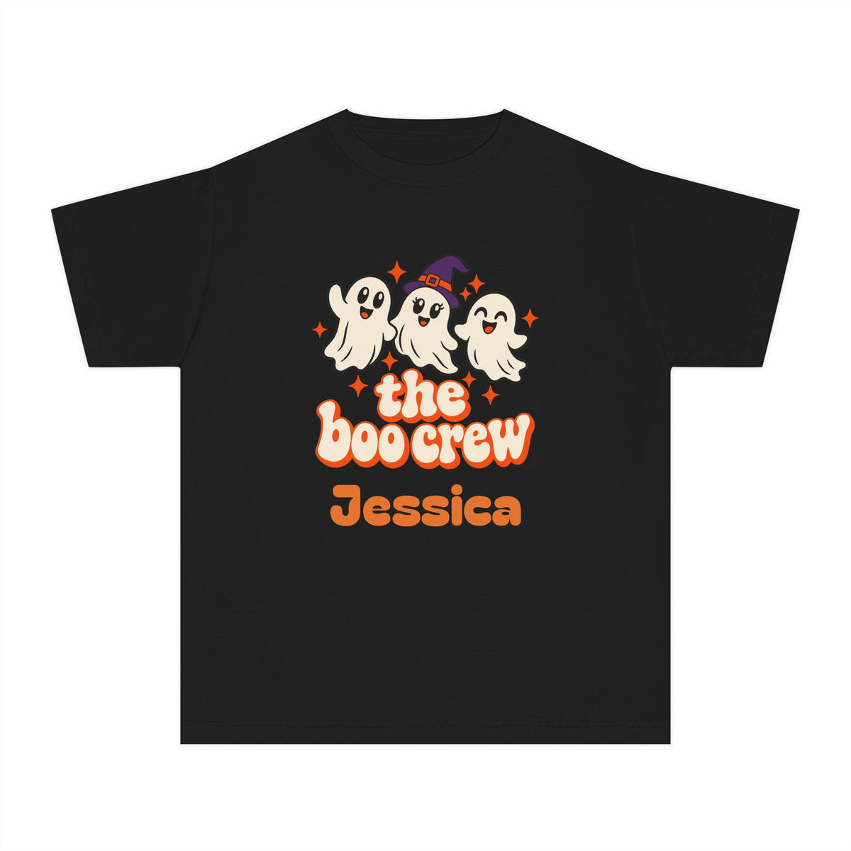 Kids Boo Crew Shirt, Custom Name Youth Halloween Tee, Retro Ghosts, Comfort Colors